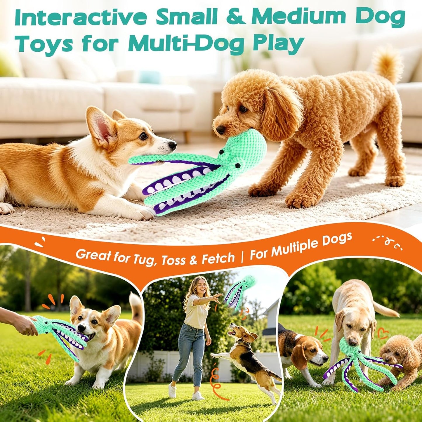 Plush Octopus Dog Toy – Durable Squeaky Interactive Tug Toy for Dogs, Soft Chew Toy for Small, Medium & Large Dogs